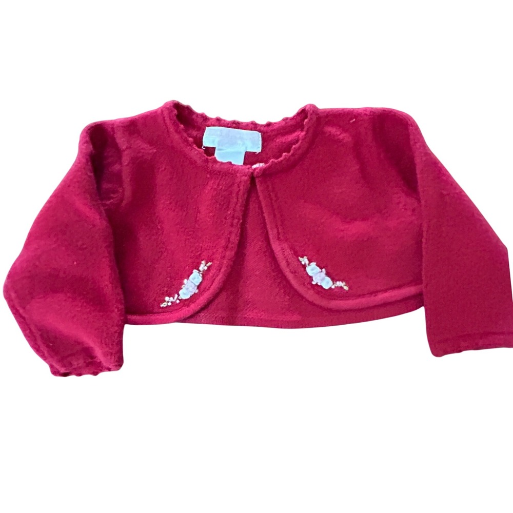 Red Long Sleeve Bolero Shrug Sweater Floral Embroidery Beaded Scalloped Trim